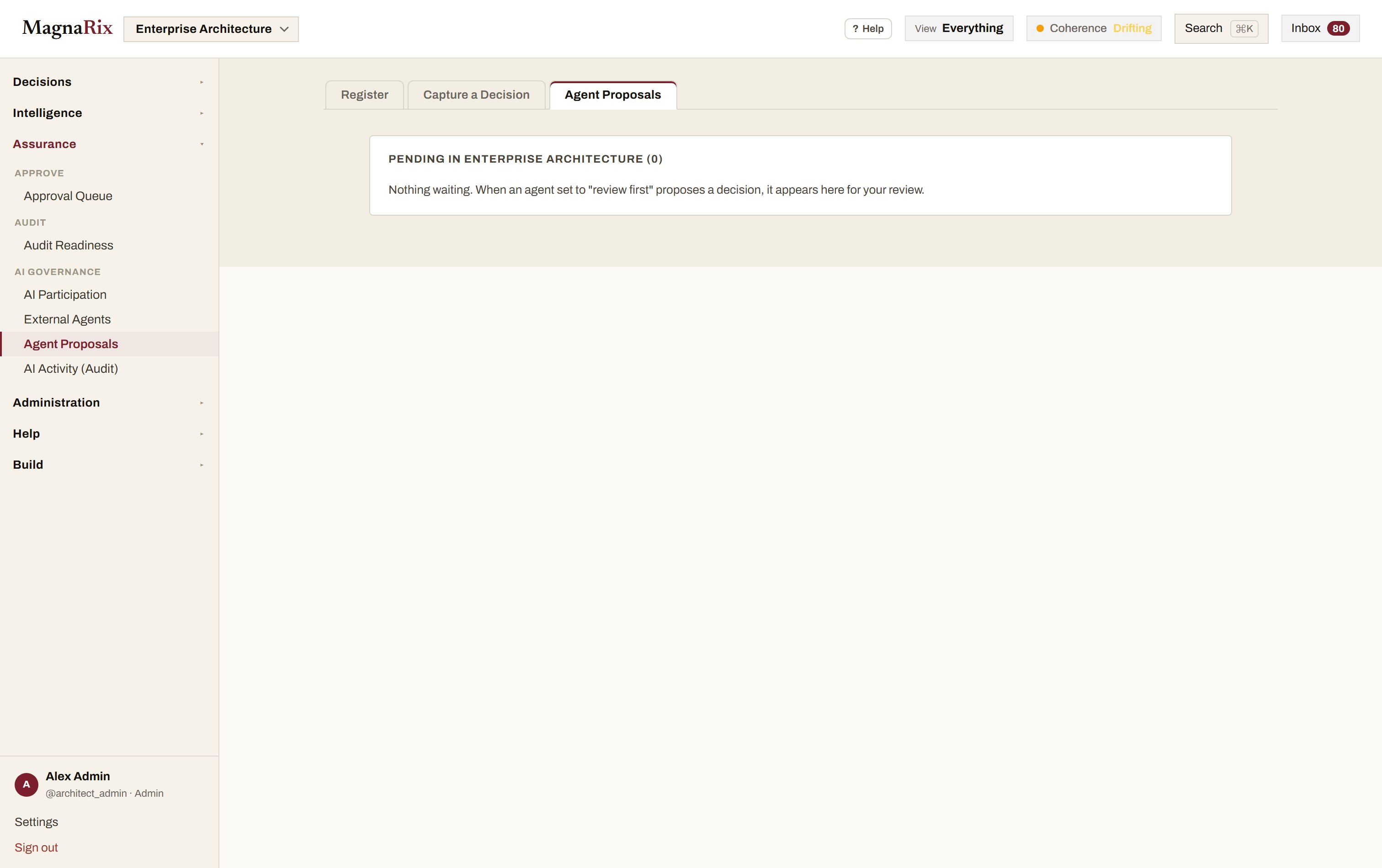 MagnaRix Agent Proposals review queue: decisions proposed by external AI agents, each attributed to the agent that proposed it, held as a draft out of the register with Open, Approve, and Remove controls until a person reviews it.