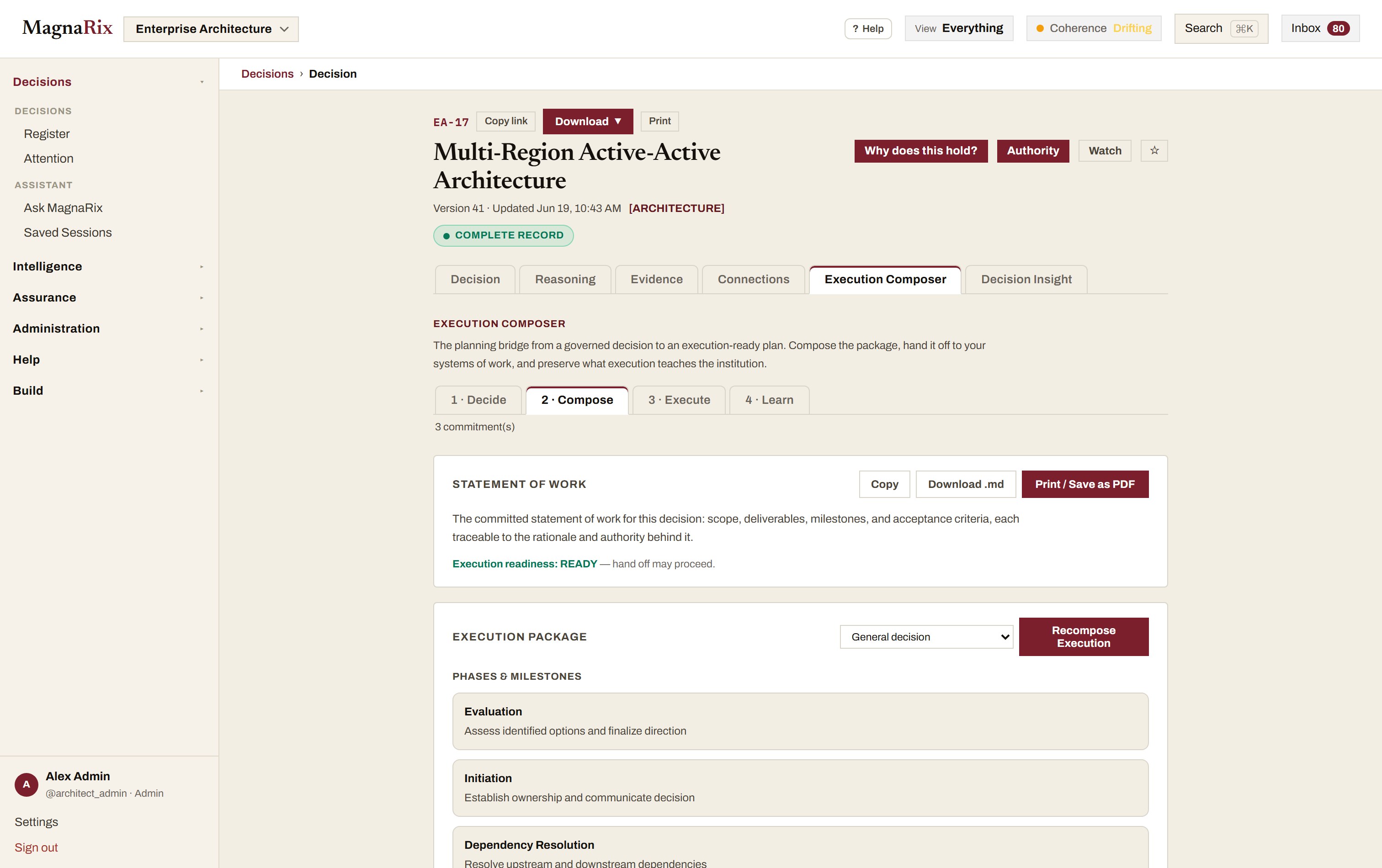 MagnaRix Execution Composer turning a governed decision into an execution-ready statement of work with phases, milestones, and acceptance, then handing its milestones to Jira, Azure DevOps, and ServiceNow as work items.
