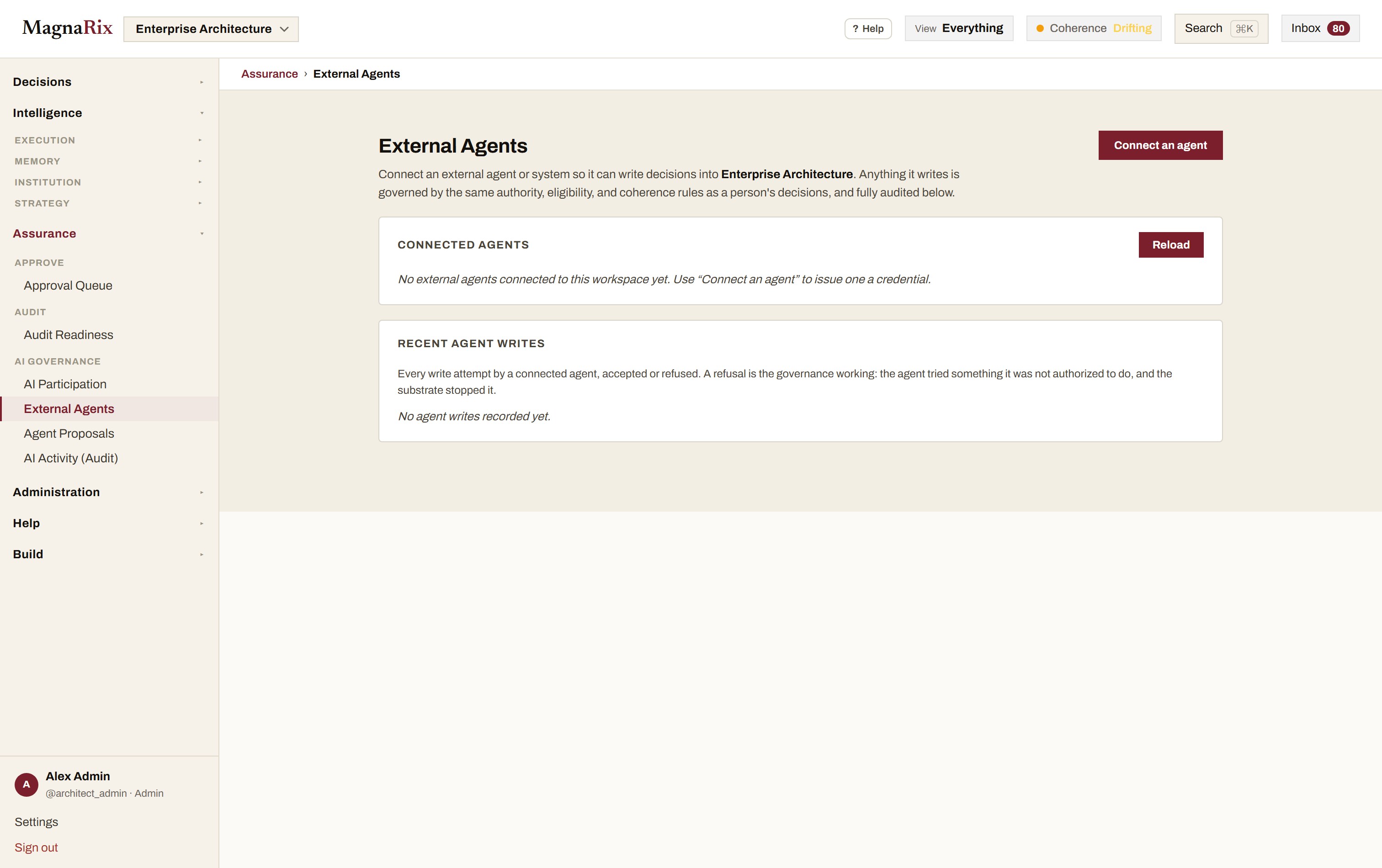 MagnaRix External Agents view: AI agents connected to a workspace, each shown active with a review-first or auto-commit governance setting and a suspend control, above a log of every accepted or refused agent write.