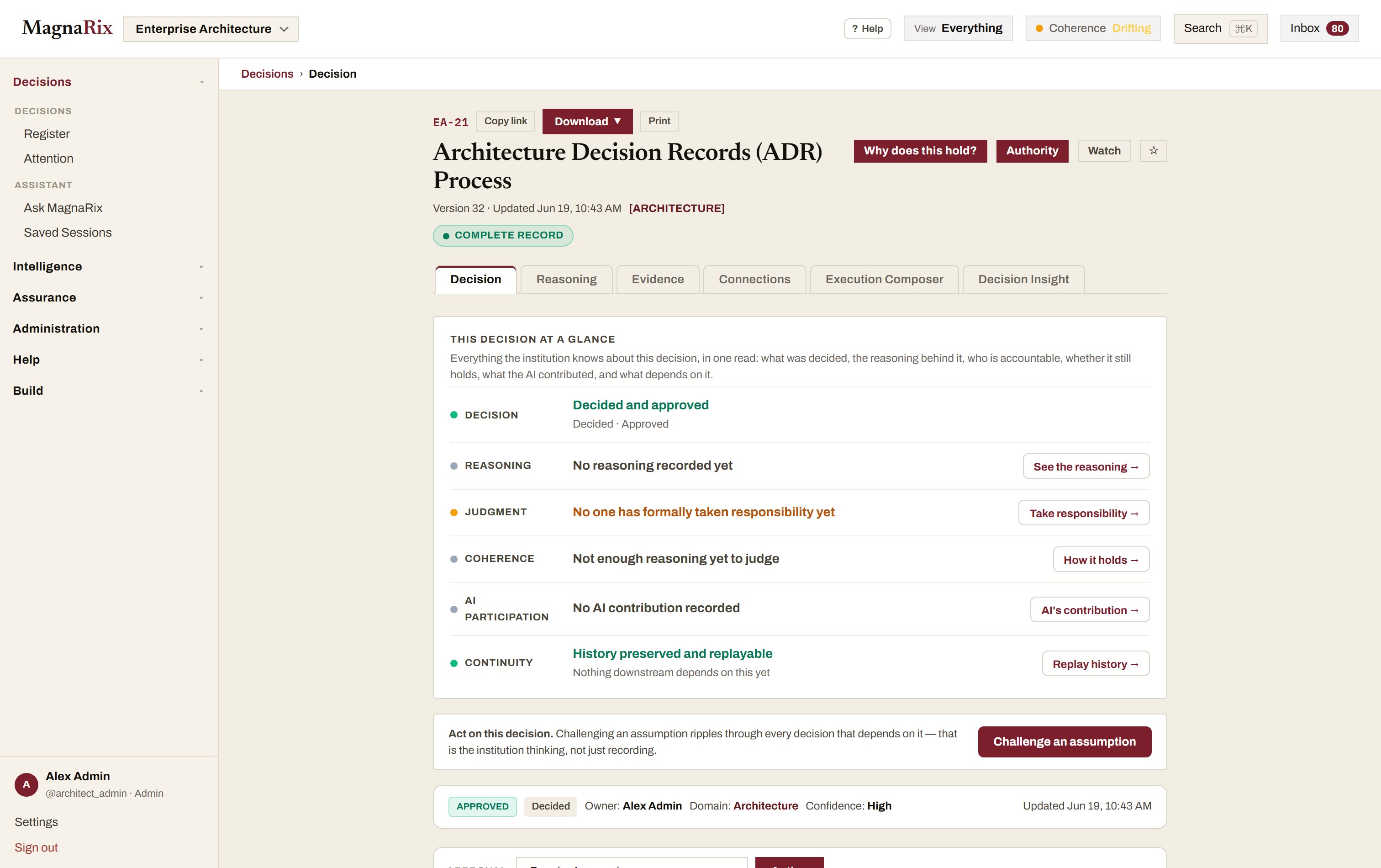 MagnaRix decision record showing owner, approval state, authority zone, and confidence as explicit governed elements of the decision.
